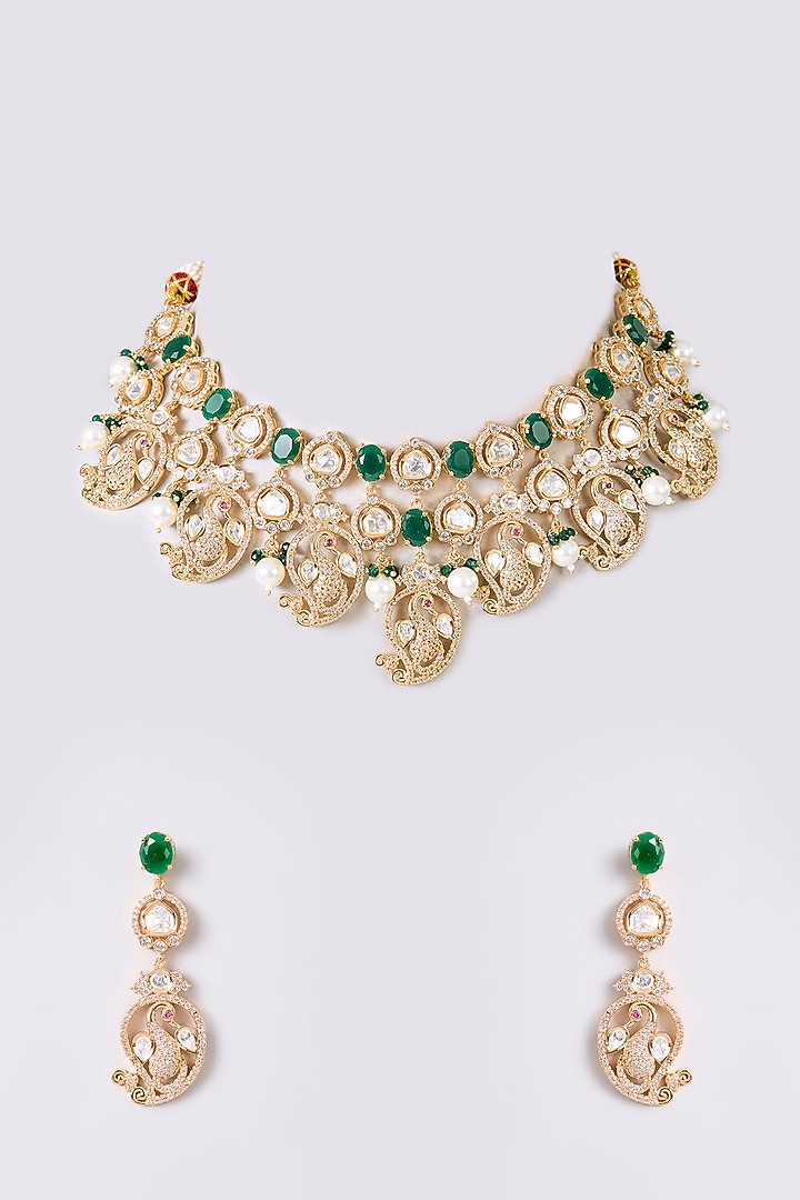 Gold Finish Kundan Polki & Green Stone Necklace Set by Aura Trends at Pernia's Pop Up Shop