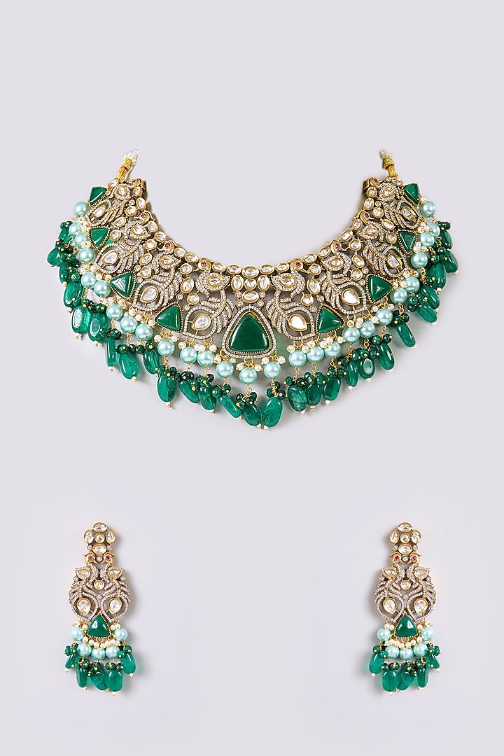 Two-Tone Finish Kundan Polki & Green Stone Necklace Set by Aura Trends at Pernia's Pop Up Shop