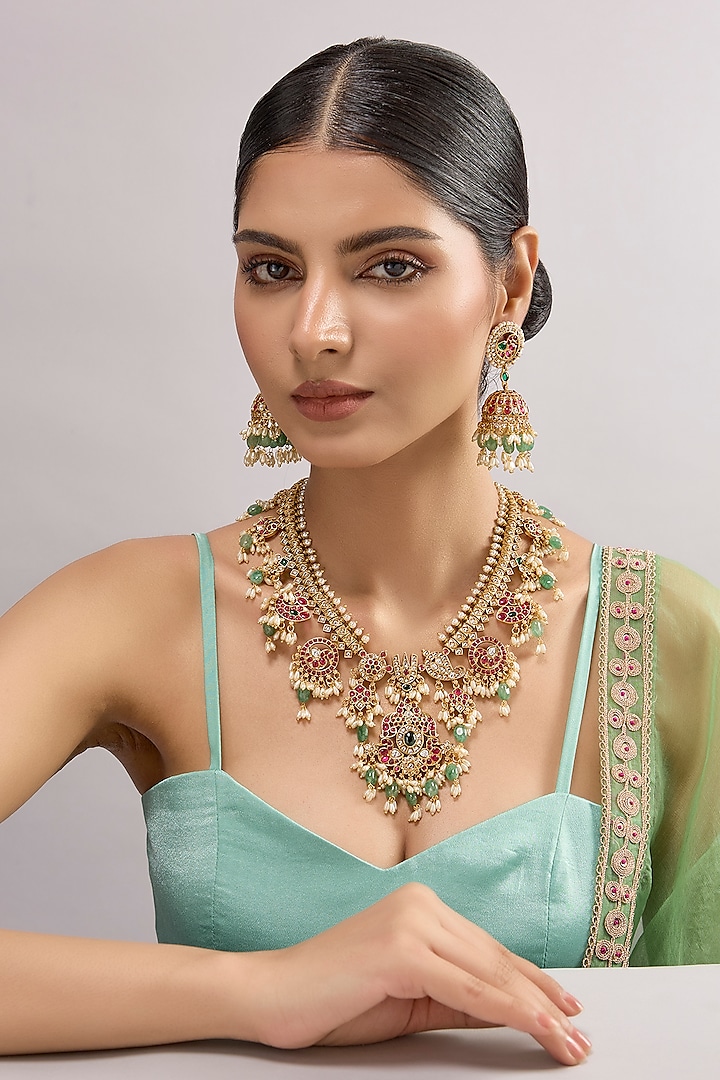 Gold Finish Kundan Polki & Green Stone Necklace Set by Auraa Trends at Pernia's Pop Up Shop