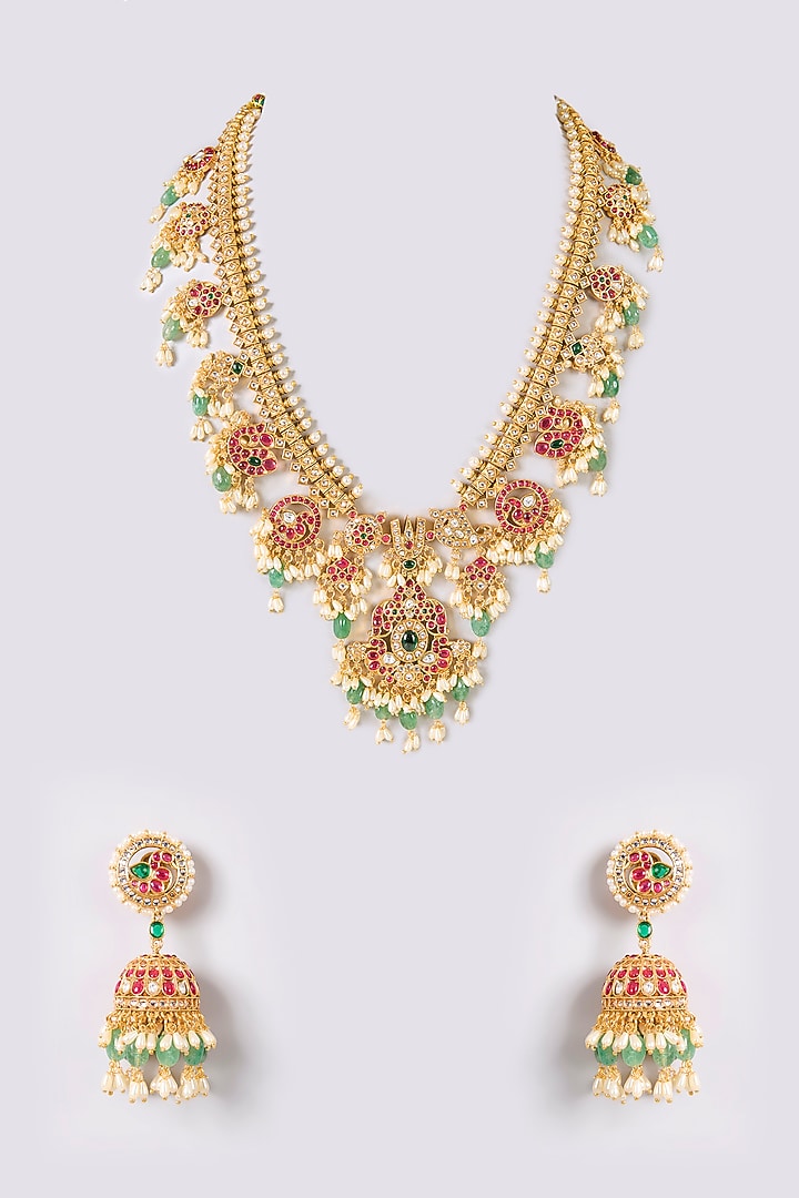 Gold Finish Kundan Polki & Green Stone Necklace Set by Aura Trends at Pernia's Pop Up Shop