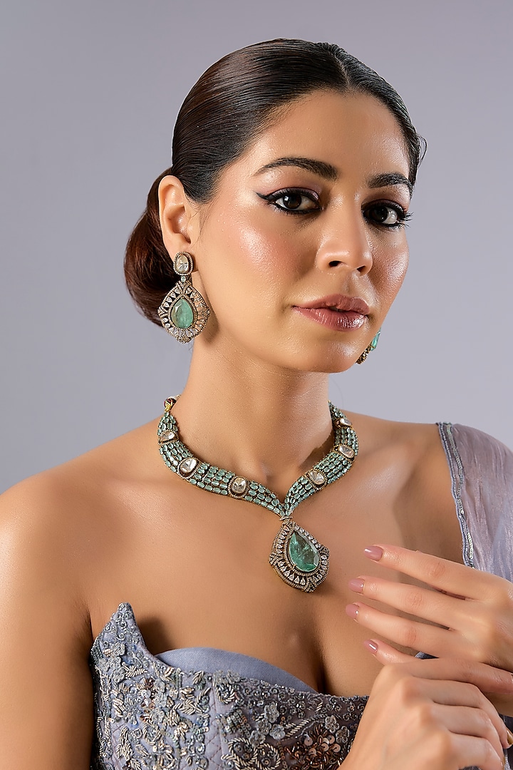 White Finish Zircon & Turquoise Stone Necklace Set by Aura Trends at Pernia's Pop Up Shop