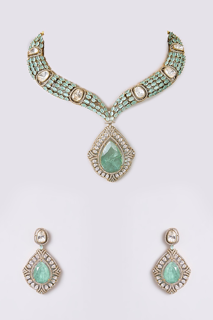 White Finish Zircon & Turquoise Stone Necklace Set by Aura Trends at Pernia's Pop Up Shop