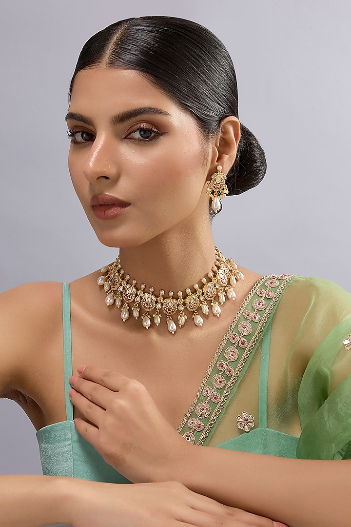 Gold Finish Kundan Polki Necklace Set by Aura Trends at Pernia's Pop Up Shop