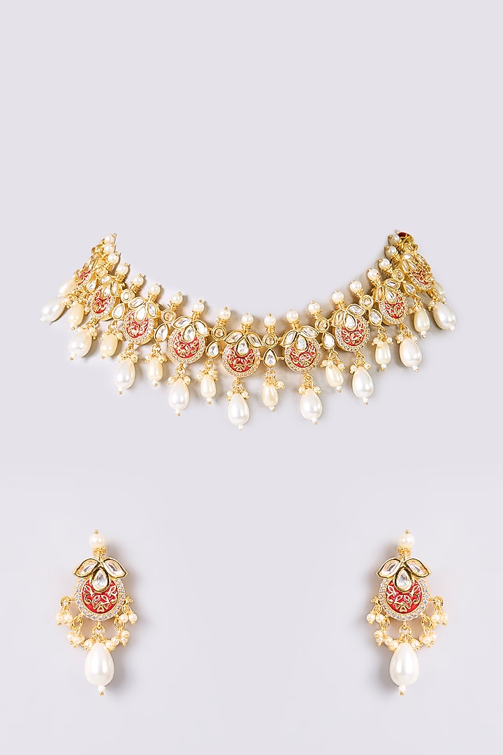 Gold Finish Kundan Polki Necklace Set by Aura Trends at Pernia's Pop Up Shop