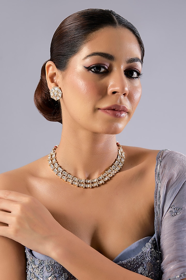 Gold Finish Kundan Polki Necklace Set by Aura Trends at Pernia's Pop Up Shop