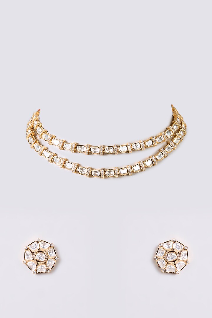 Gold Finish Kundan Polki Necklace Set by Aura Trends at Pernia's Pop Up Shop