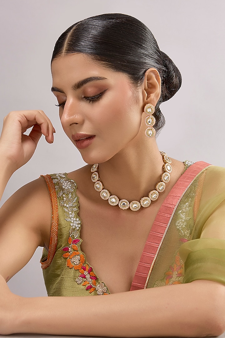 Gold Finish Kundan Polki Necklace Set by Aura Trends at Pernia's Pop Up Shop