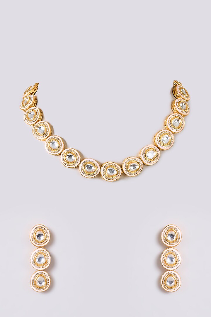 Gold Finish Kundan Polki Necklace Set by Aura Trends at Pernia's Pop Up Shop