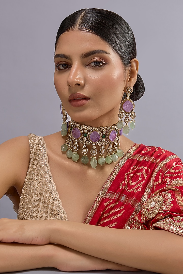 Gold Finish Kundan Polki & Amethyst Stone Necklace Set by Aura Trends at Pernia's Pop Up Shop