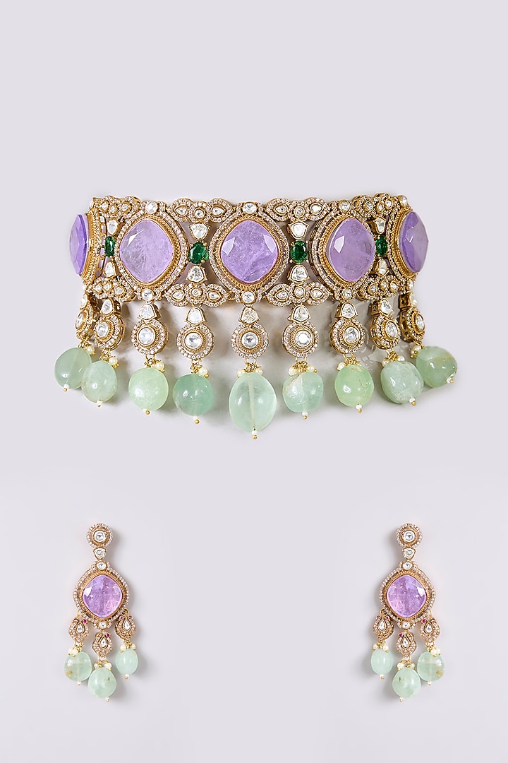 Gold Finish Kundan Polki & Amethyst Stone Necklace Set by Aura Trends at Pernia's Pop Up Shop