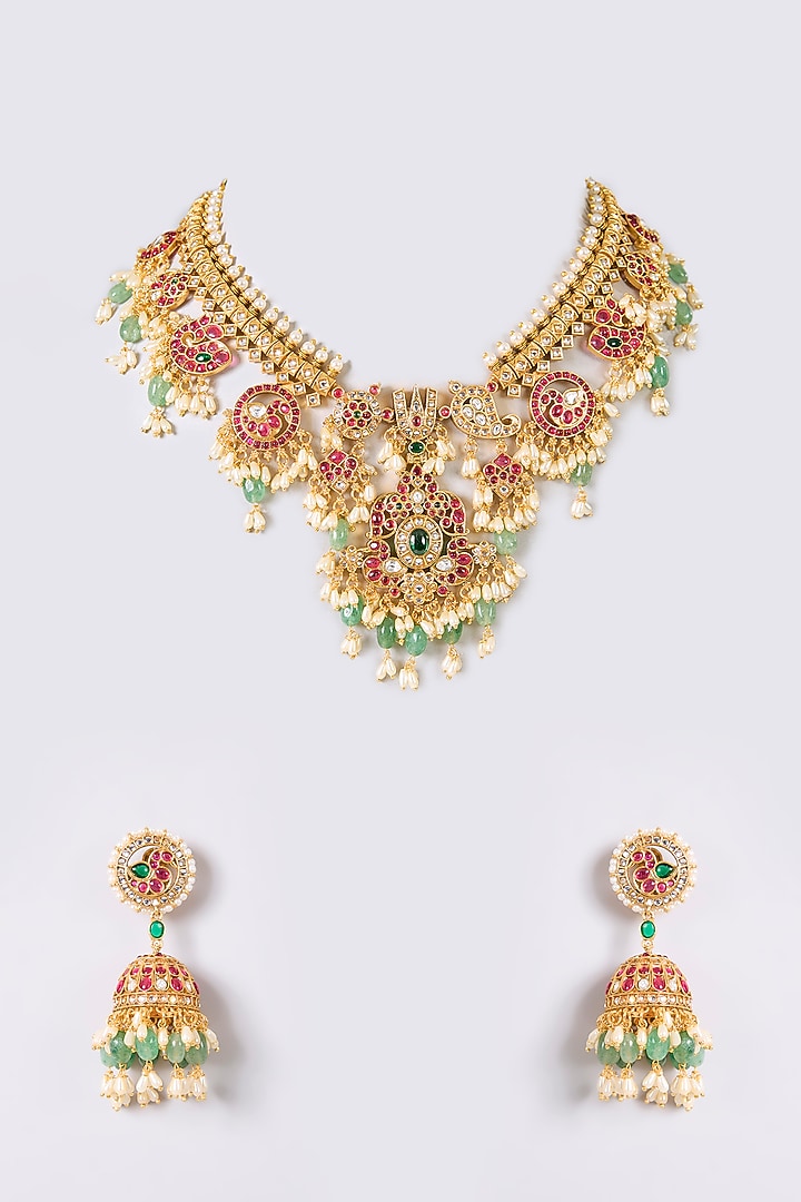 Gold Finish Kundan Polki & Green Stone Necklace Set by Aura Trends at Pernia's Pop Up Shop