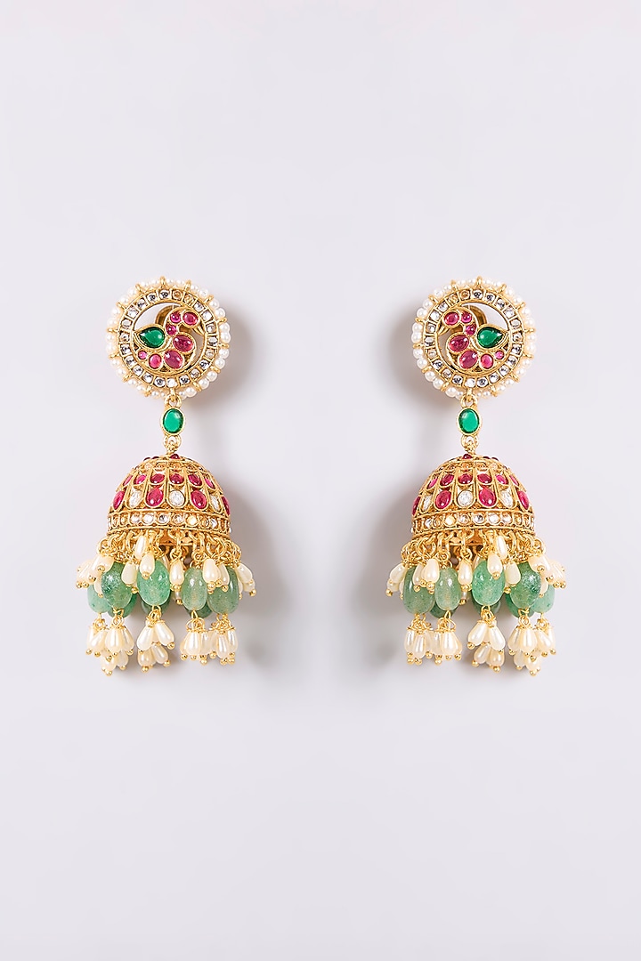 Gold Finish Kundan Polki & Green Stone Necklace Set by Aura Trends at Pernia's Pop Up Shop
