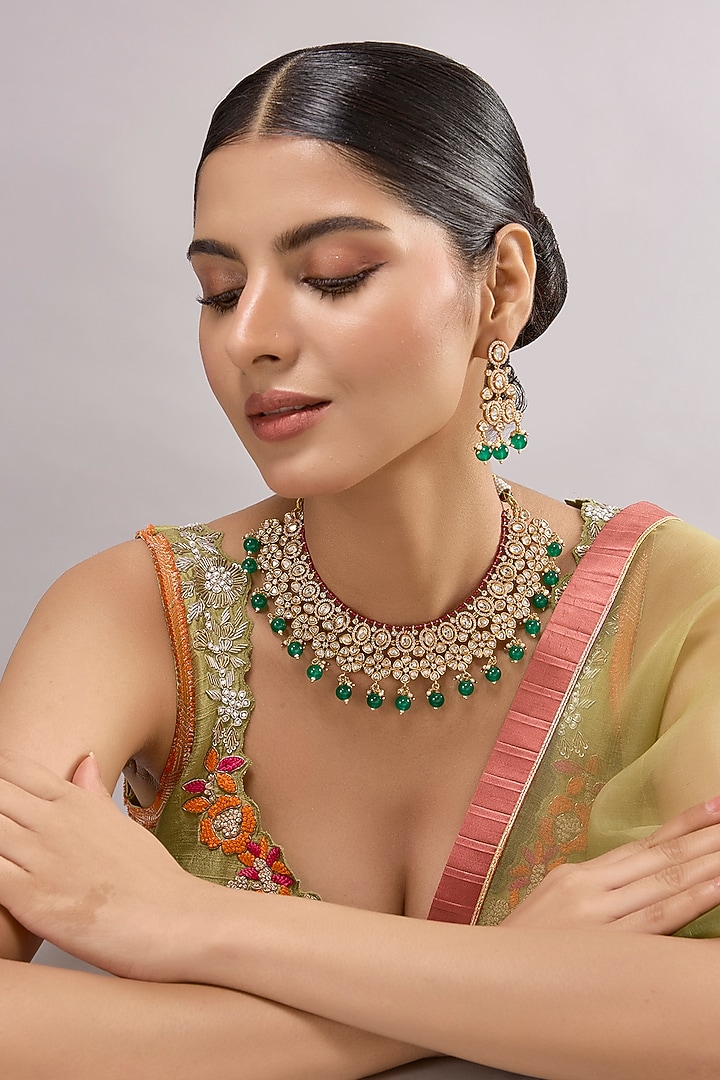 Gold Finish Kundan Polki & Emerald Stone Necklace Set by Auraa Trends at Pernia's Pop Up Shop