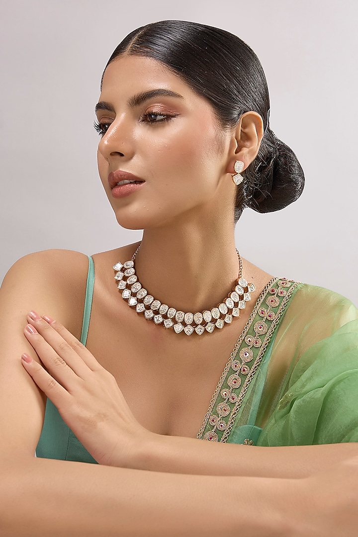Gold Finish Kundan Polki Necklace Set by Aura Trends at Pernia's Pop Up Shop