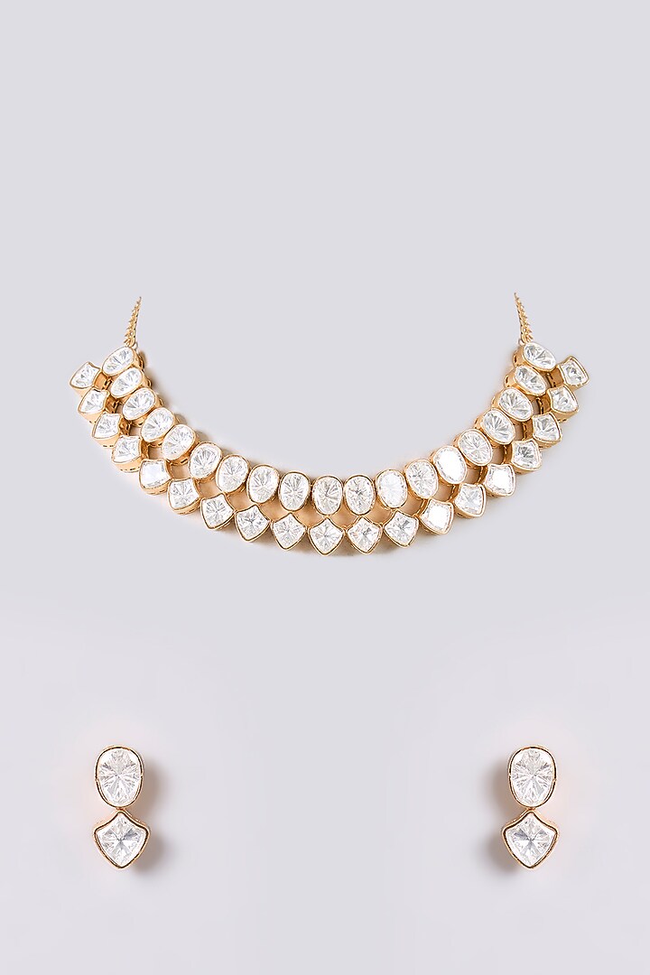 Gold Finish Kundan Polki Necklace Set by Aura Trends at Pernia's Pop Up Shop