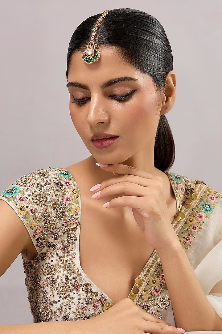Gold Finish Kundan Polki & Green Stone Maangtikka by Auraa Trends at Pernia's Pop Up Shop