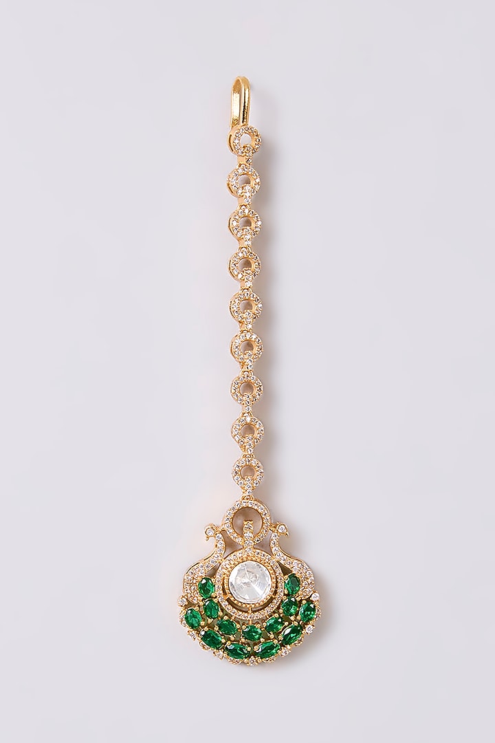 Gold Finish Kundan Polki & Green Stone Maangtikka by Aura Trends at Pernia's Pop Up Shop