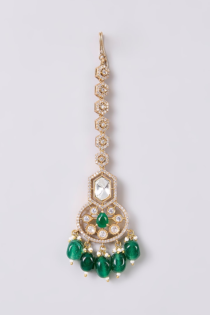 Gold Finish Kundan Polki & Green Stone Maangtikka by Aura Trends at Pernia's Pop Up Shop