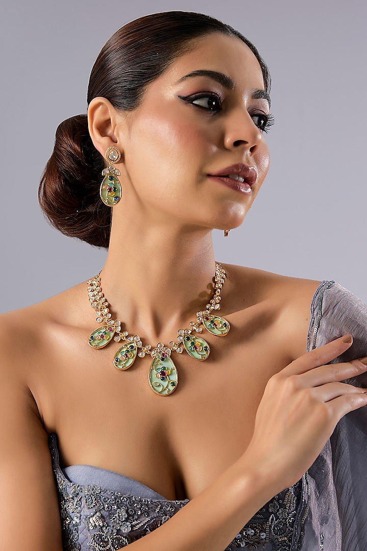 Gold Finish Kundan Polki & Multi-Colored Stone Necklace Set by Auraa Trends at Pernia's Pop Up Shop