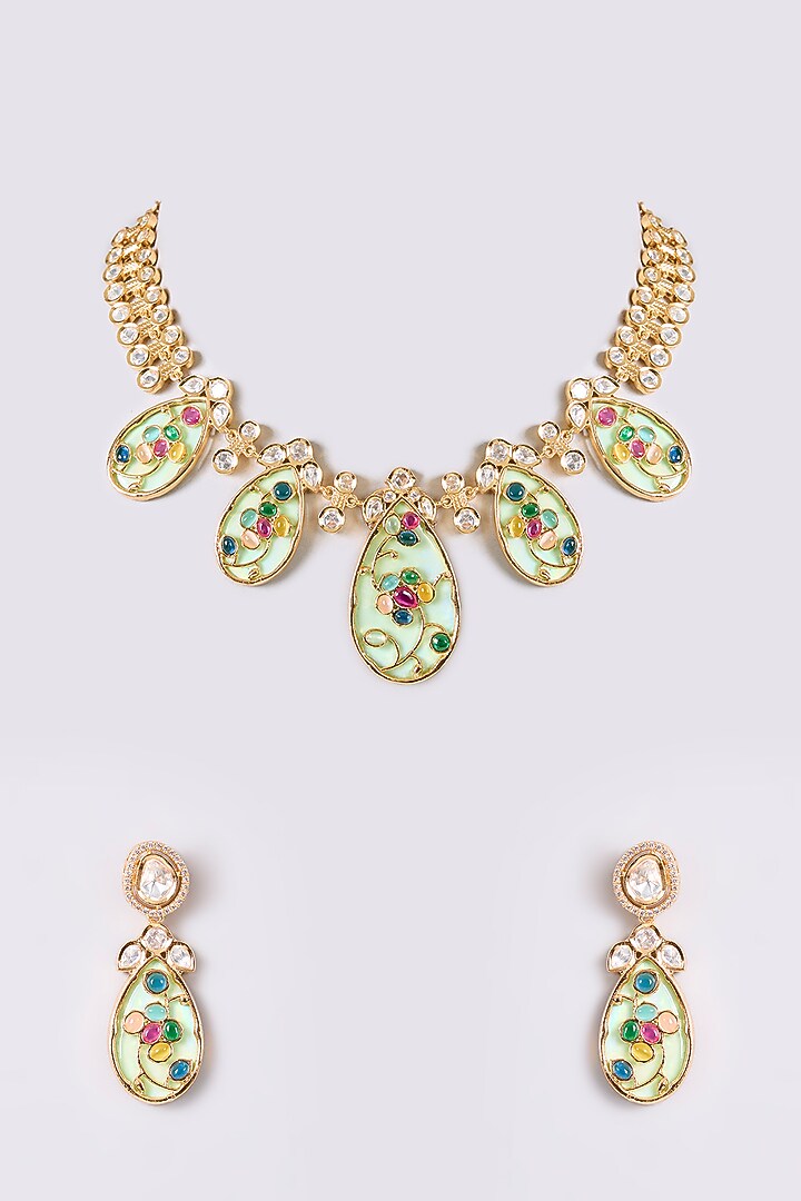 Gold Finish Kundan Polki & Multi-Colored Stone Necklace Set by Aura Trends at Pernia's Pop Up Shop