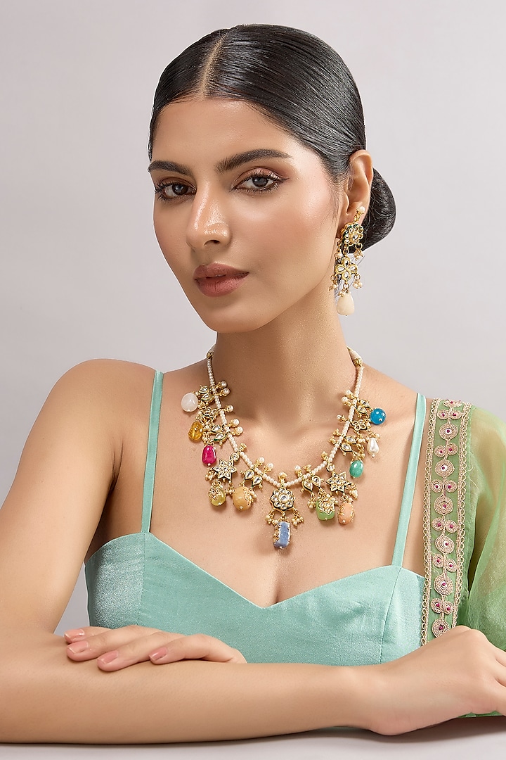 Gold Finish Kundan Polki & Multi-Colored Stone Necklace Set by Auraa Trends at Pernia's Pop Up Shop