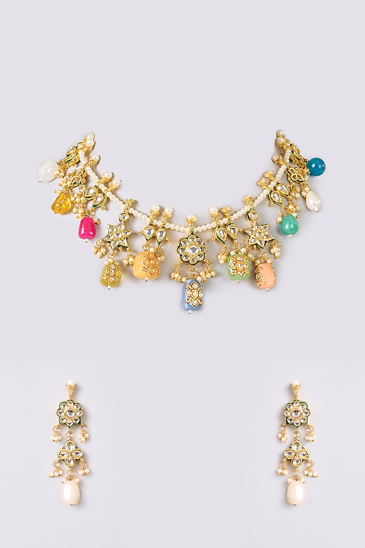 Gold Finish Kundan Polki & Multi-Colored Stone Necklace Set by Aura Trends at Pernia's Pop Up Shop