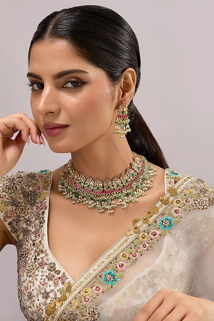 Gold Finish Kundan Polki & Multi-Colored Stone Necklace Set by Auraa Trends at Pernia's Pop Up Shop