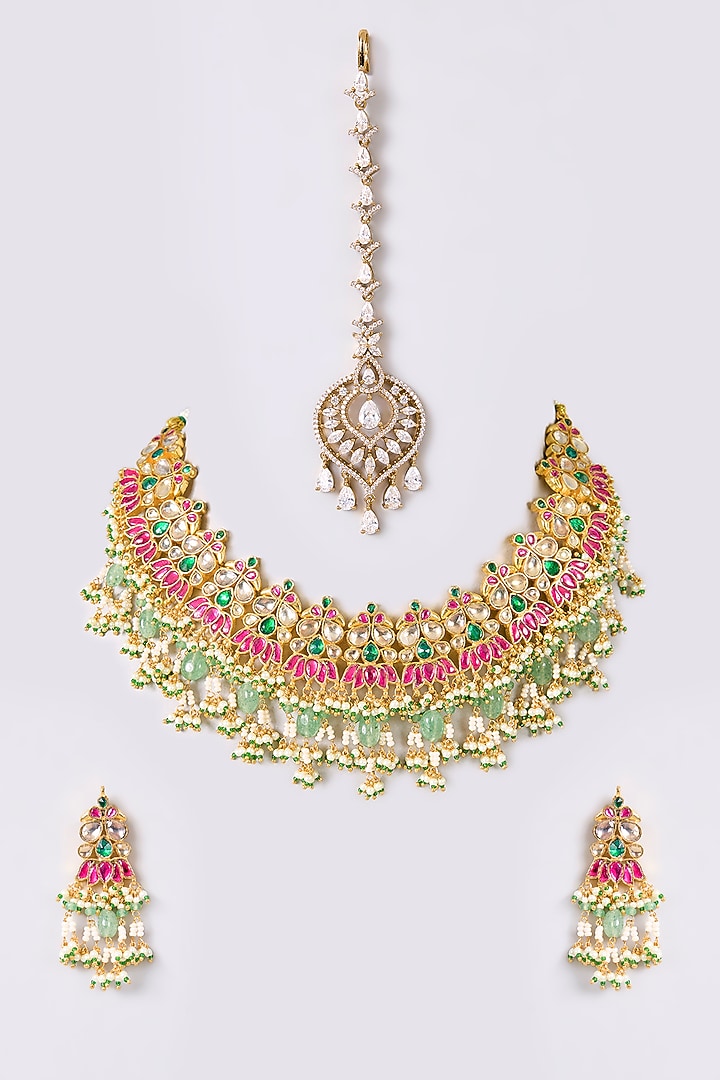 Gold Finish Kundan Polki & Multi-Colored Stone Necklace Set by Aura Trends at Pernia's Pop Up Shop
