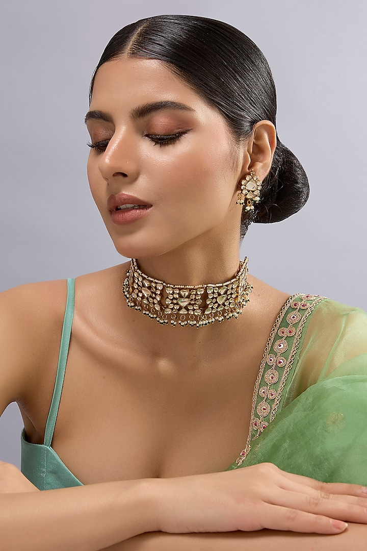 Gold Finish Kundan Polki Necklace Set by Auraa Trends at Pernia's Pop Up Shop