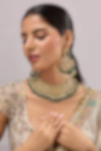 Gold Finish Kundan Polki & Green Stone Necklace Set by Auraa Trends at Pernia's Pop Up Shop