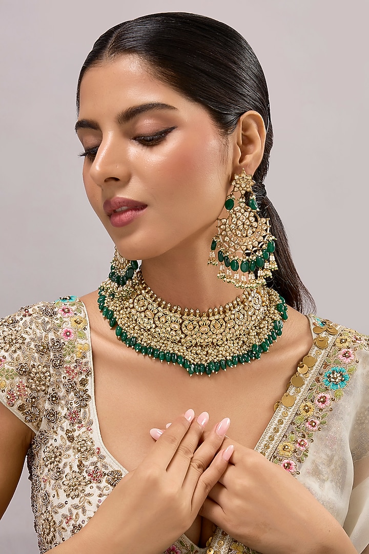 Gold Finish Kundan Polki & Green Stone Necklace Set by Auraa Trends at Pernia's Pop Up Shop