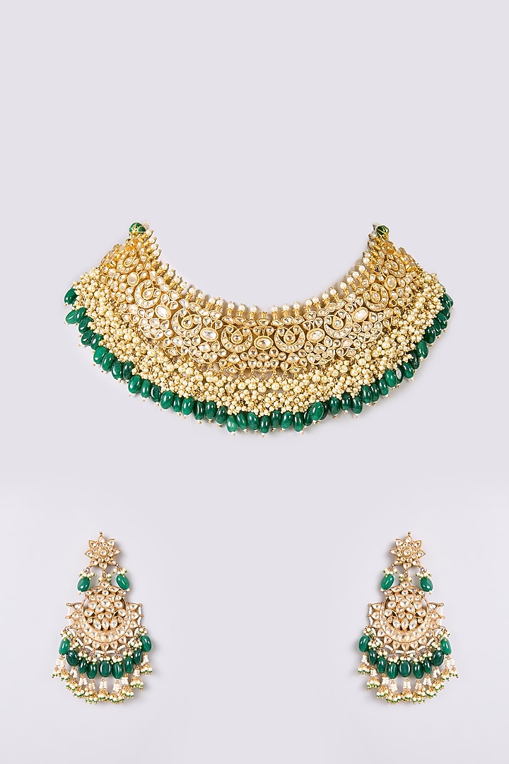Gold Finish Kundan Polki & Green Stone Necklace Set by Aura Trends at Pernia's Pop Up Shop