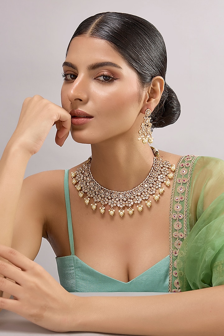 Gold Finish Kundan Polki Necklace Set by Auraa Trends at Pernia's Pop Up Shop