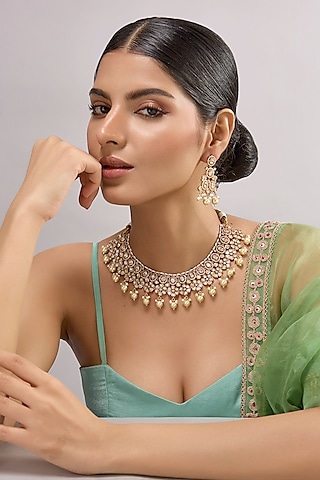Gold Finish Kundan Polki Necklace Set by Auraa Trends