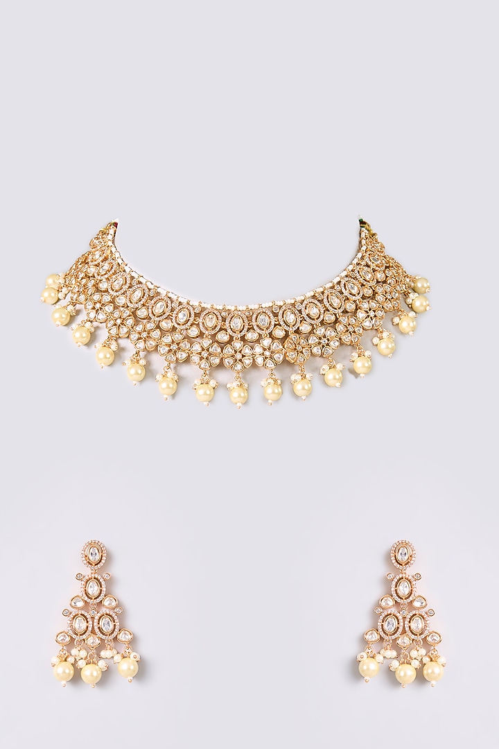 Gold Finish Kundan Polki Necklace Set by Aura Trends at Pernia's Pop Up Shop