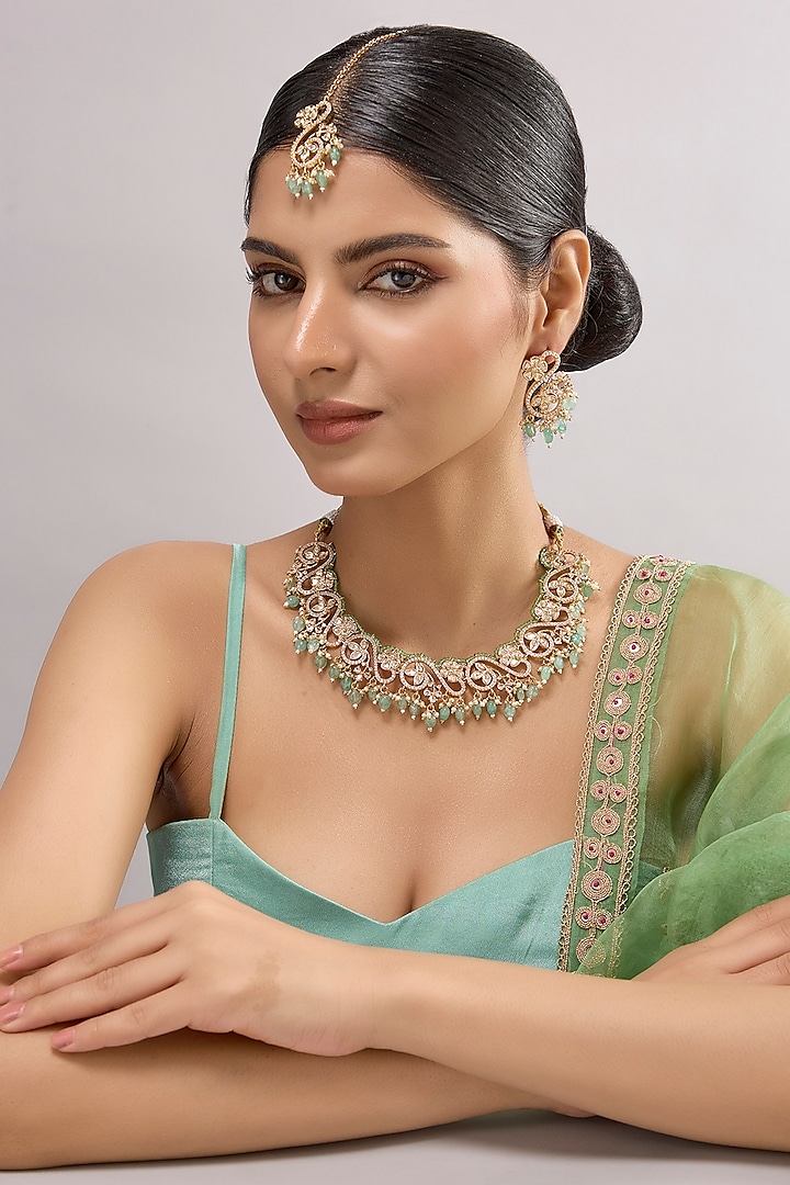 Gold Finish Kundan Polki & Green Onyx Necklace Set by Auraa Trends at Pernia's Pop Up Shop