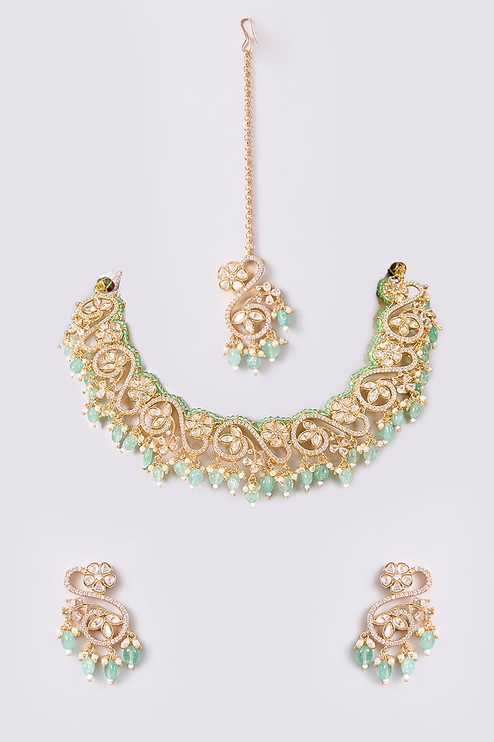 Gold Finish Kundan Polki & Green Onyx Necklace Set by Aura Trends at Pernia's Pop Up Shop