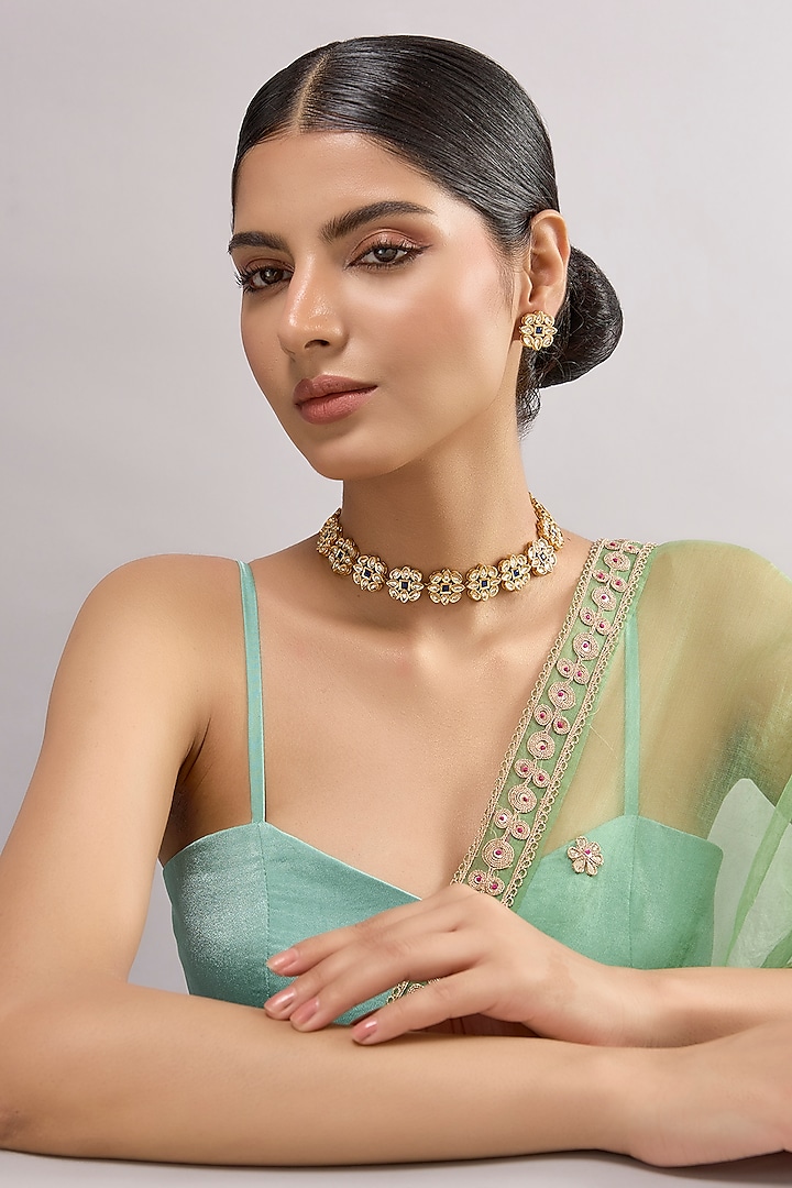 Gold Finish Kundan Polki Necklace Set by Auraa Trends at Pernia's Pop Up Shop