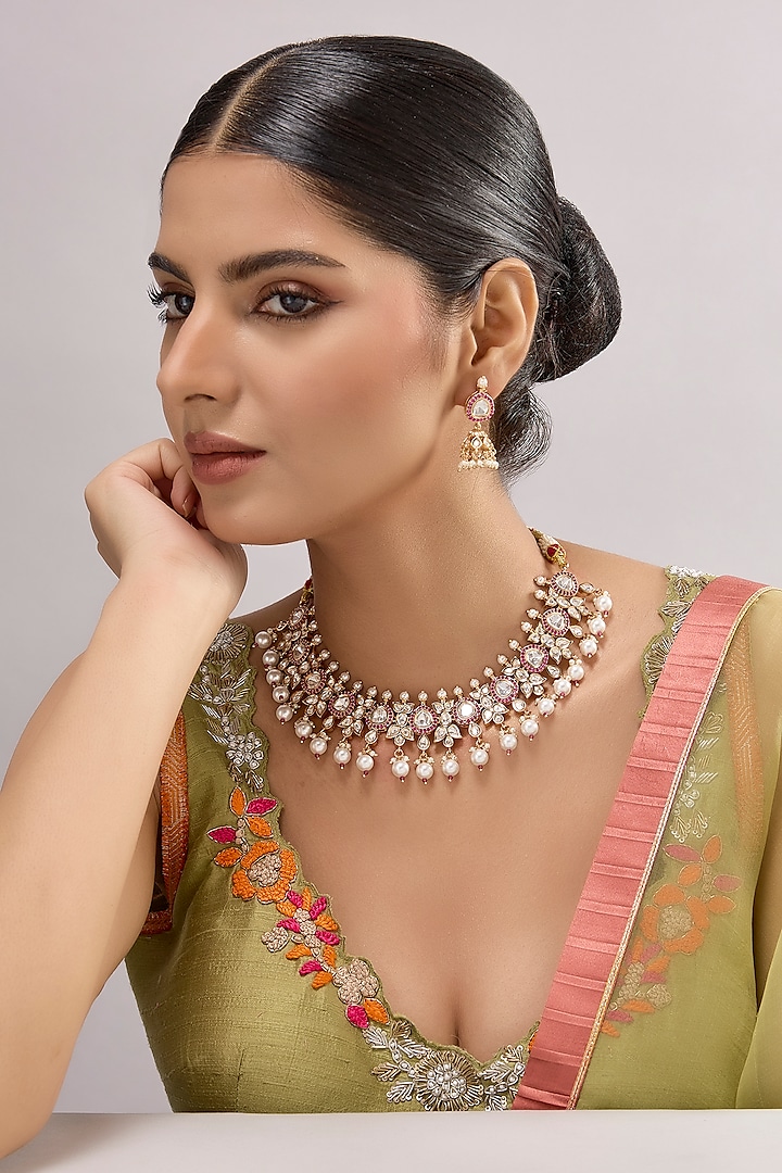 Gold Finish Kundan Polki Necklace Set by Auraa Trends at Pernia's Pop Up Shop