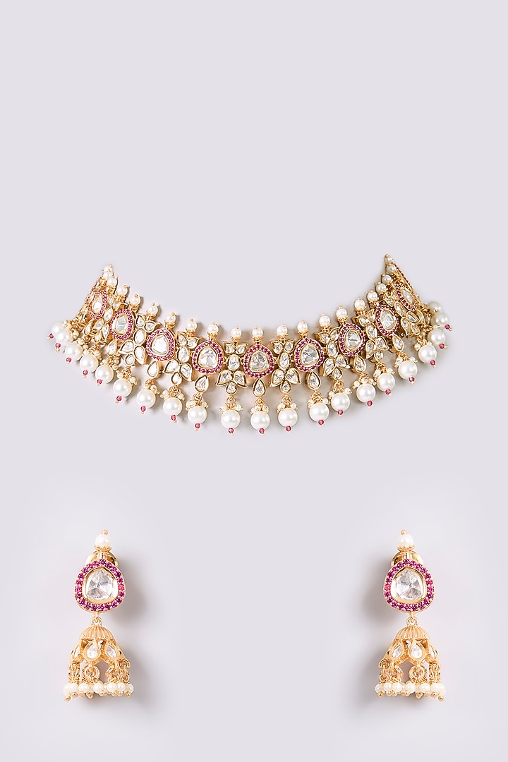 Gold Finish Kundan Polki Necklace Set by Aura Trends at Pernia's Pop Up Shop