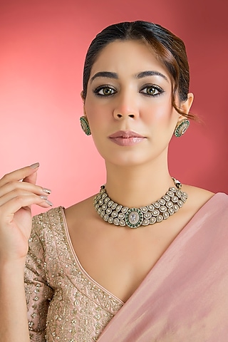 Black Rhodium Finish Green Kundan Polki Choker Necklace Set by Aura Trends