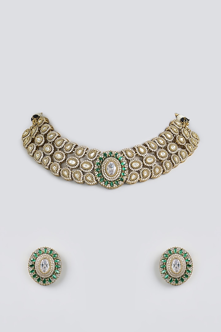 Black Rhodium Finish Green Kundan Polki Choker Necklace Set by Aura Trends at Pernia's Pop Up Shop