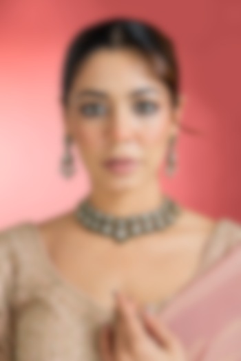 Black Rhodium Finish Green Kundan Polki Choker Necklace Set by Aura Trends at Pernia's Pop Up Shop