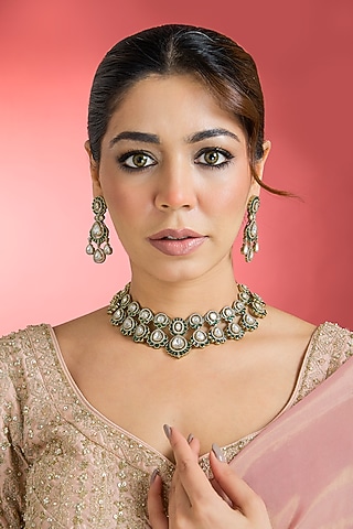 Black Rhodium Finish Green Kundan Polki Choker Necklace Set by Aura Trends