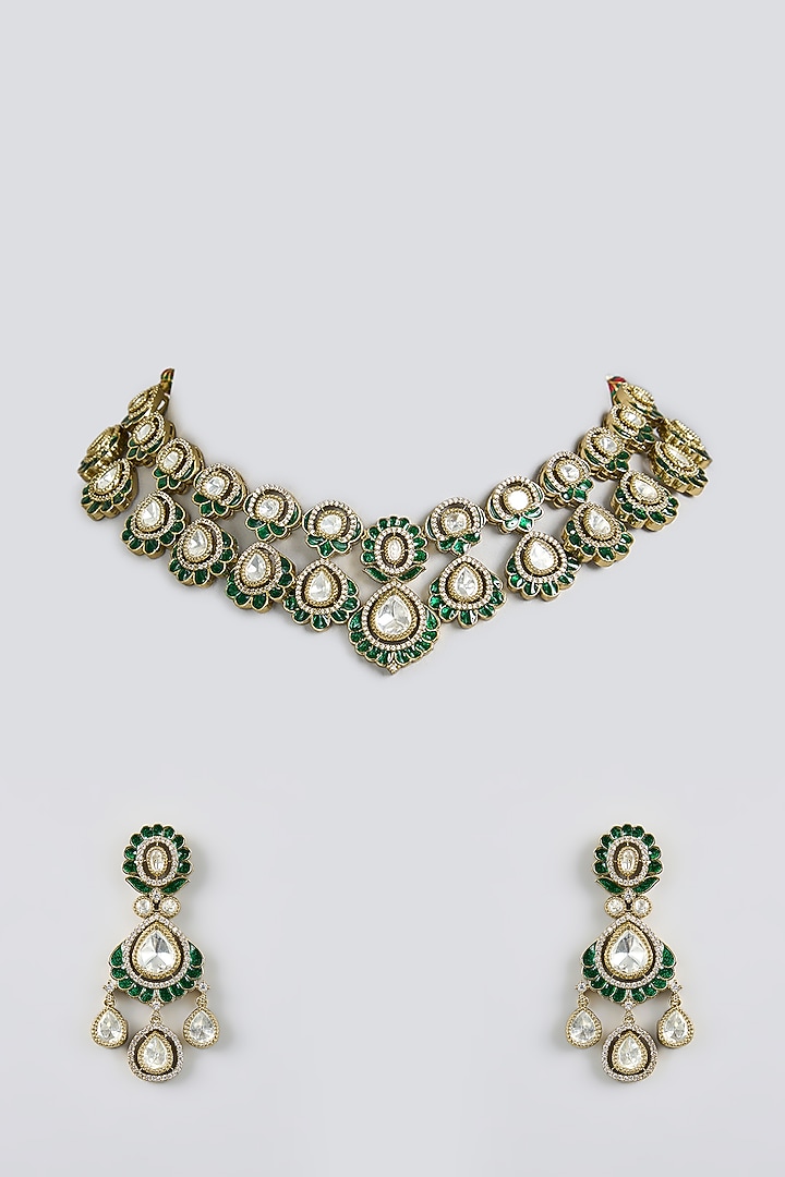 Black Rhodium Finish Green Kundan Polki Choker Necklace Set by Aura Trends at Pernia's Pop Up Shop
