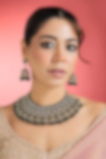 Black Rhodium Finish Green Kundan Polki Choker Necklace Set by Aura Trends at Pernia's Pop Up Shop