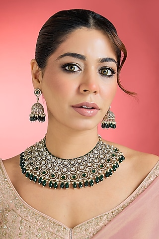 Black Rhodium Finish Green Kundan Polki Choker Necklace Set by Aura Trends