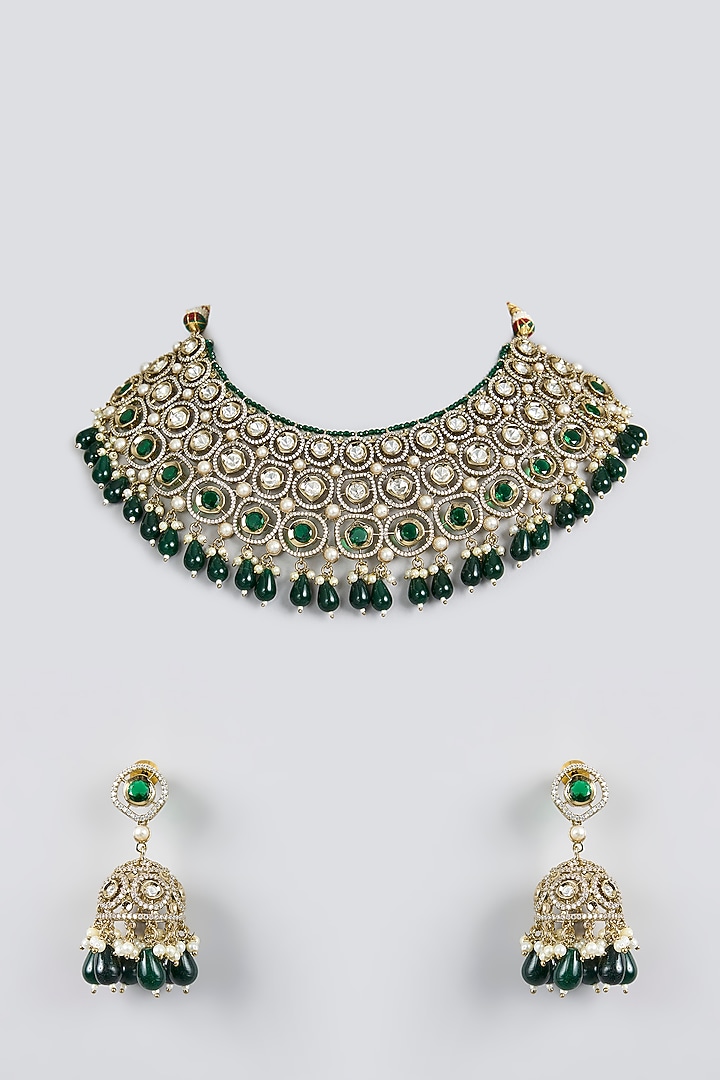 Black Rhodium Finish Green Kundan Polki Choker Necklace Set by Aura Trends at Pernia's Pop Up Shop