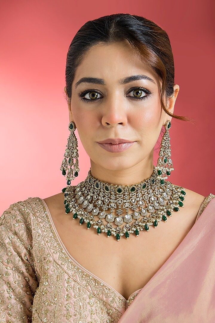 Black Rhodium Finish Green Kundan Polki Choker Necklace Set by Aura Trends at Pernia's Pop Up Shop