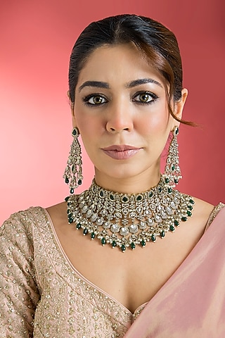 Black Rhodium Finish Green Kundan Polki Choker Necklace Set by Aura Trends
